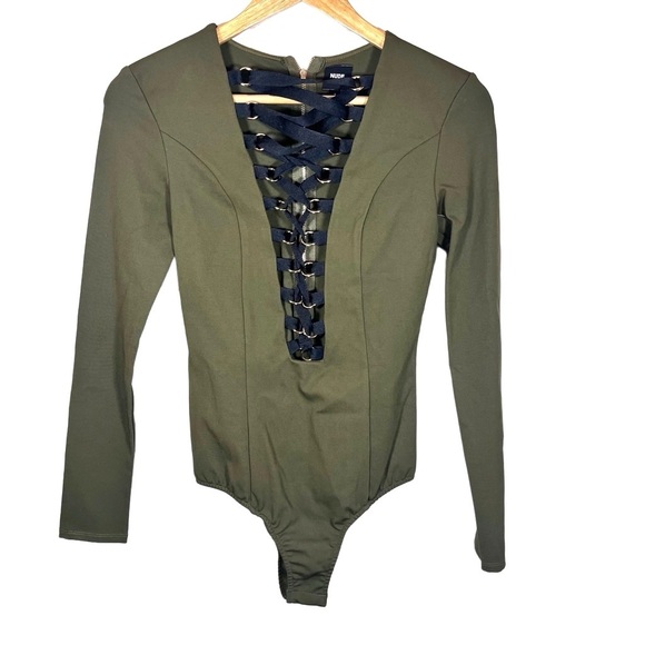 NUDE Olive Green Plunging Neckline Lace Up Front Zipper Back Bodysuit Size Small - Picture 5 of 8